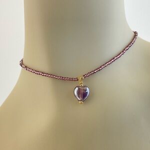 Handmade Purple Czech Glass Heart Charm Choker; BoHo, Coquette Girl, 15" long